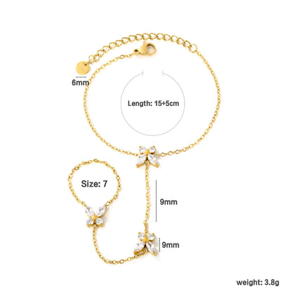 Butterfly Crystal Hand Chain | 18K Gold Plated Stainless Steel | Linked Bracelet Ring for Wholesale