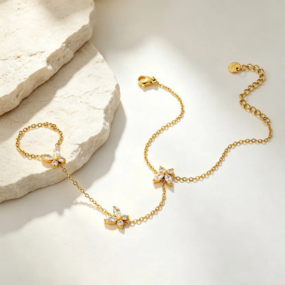 Butterfly Crystal Hand Chain | 18K Gold Plated Stainless Steel | Linked Bracelet Ring for Wholesale