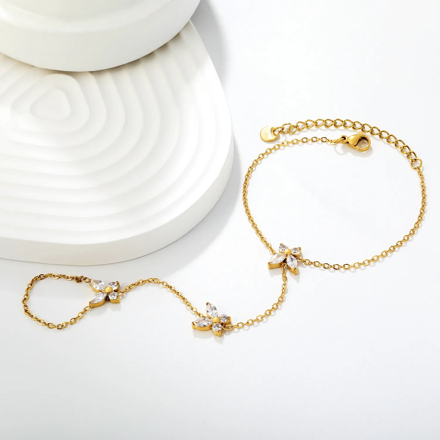Butterfly Crystal Hand Chain | 18K Gold Plated Stainless Steel | Linked Bracelet Ring for Wholesale
