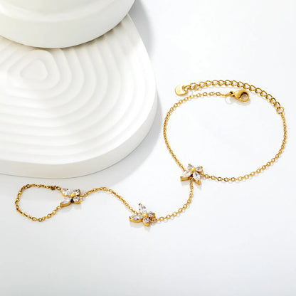 Butterfly Crystal Hand Chain | 18K Gold Plated Stainless Steel | Linked Bracelet Ring for Wholesale