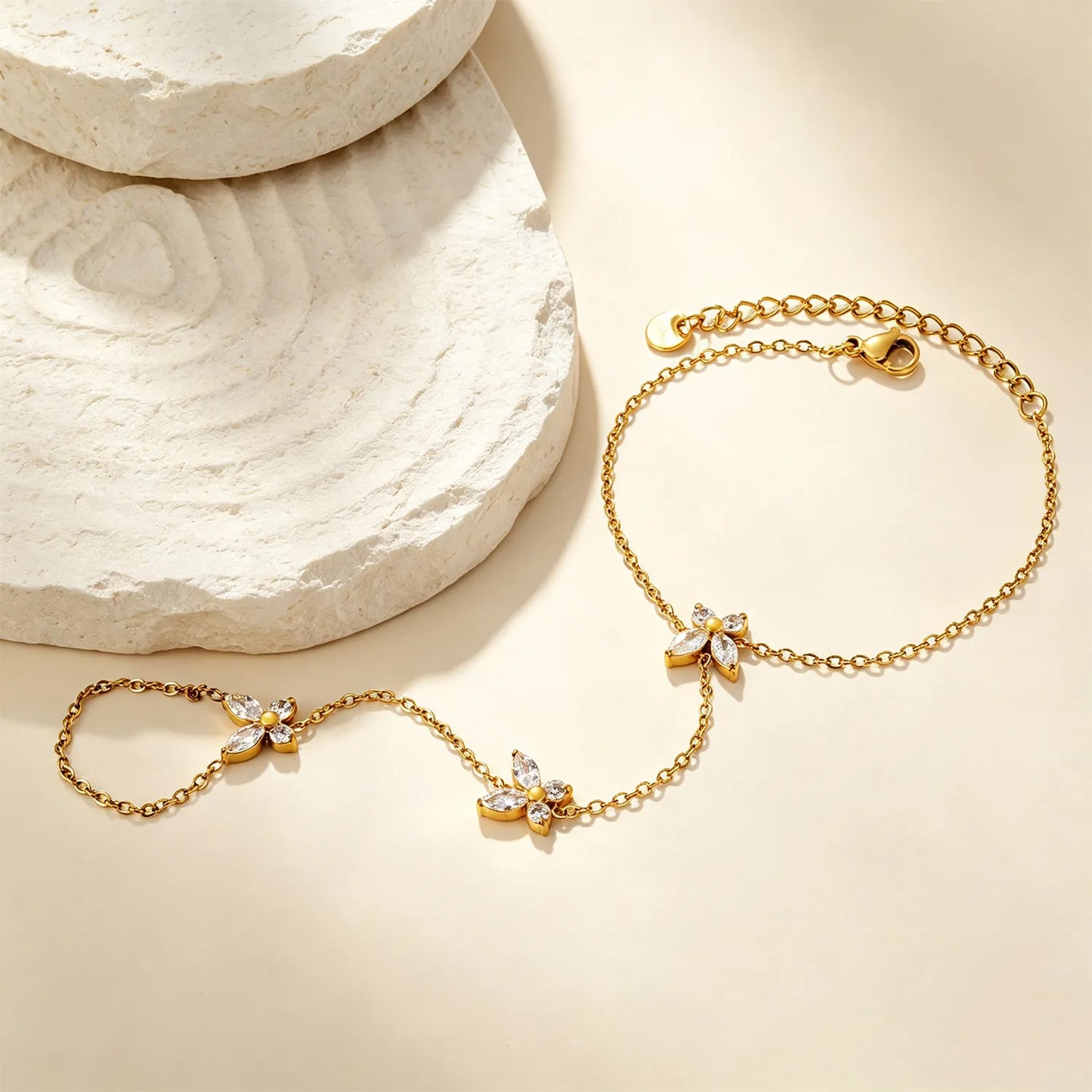 Butterfly Crystal Hand Chain | 18K Gold Plated Stainless Steel | Linked Bracelet Ring for Wholesale