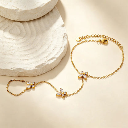 Butterfly Crystal Hand Chain | 18K Gold Plated Stainless Steel | Linked Bracelet Ring for Wholesale