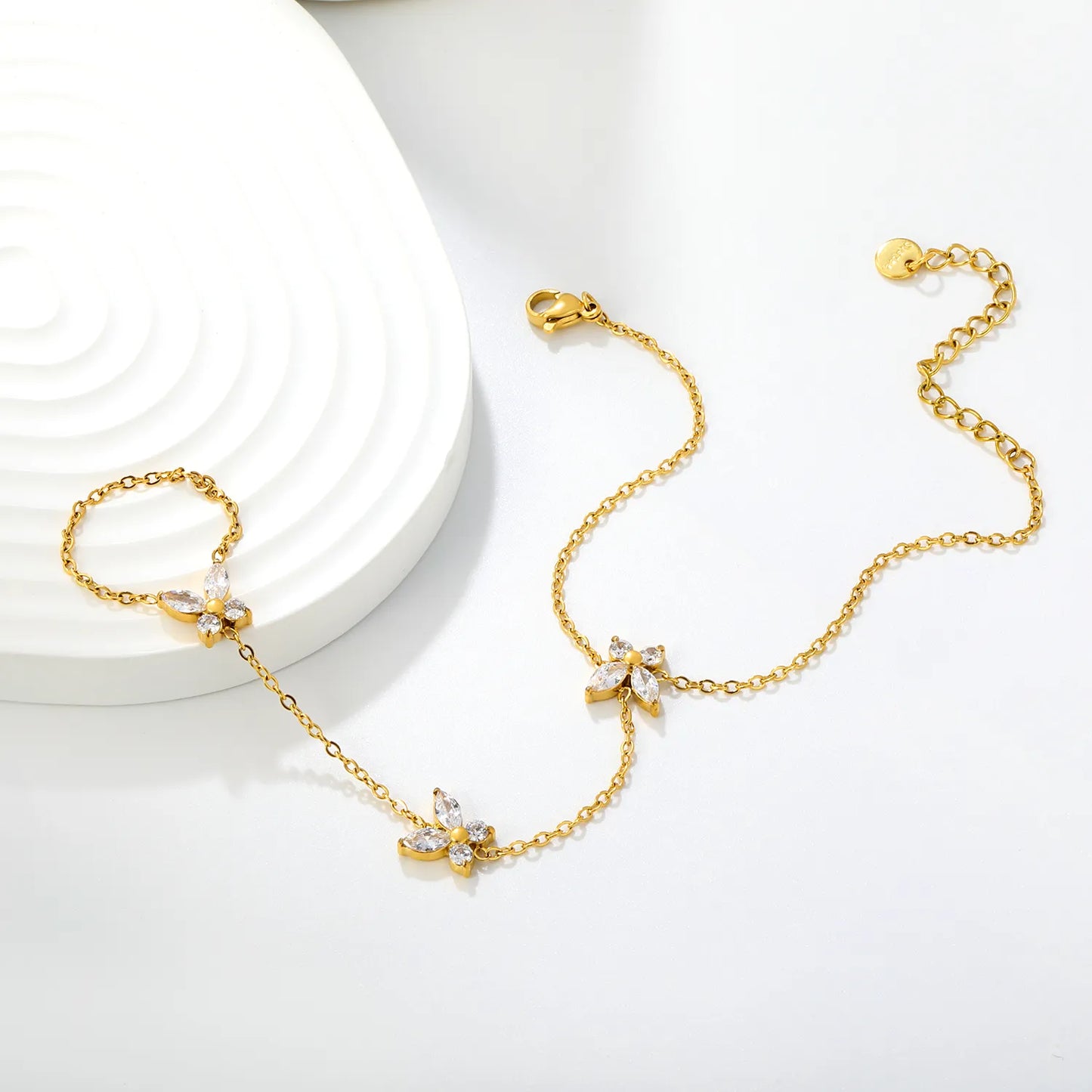 Butterfly Crystal Hand Chain | 18K Gold Plated Stainless Steel | Linked Bracelet Ring for Wholesale