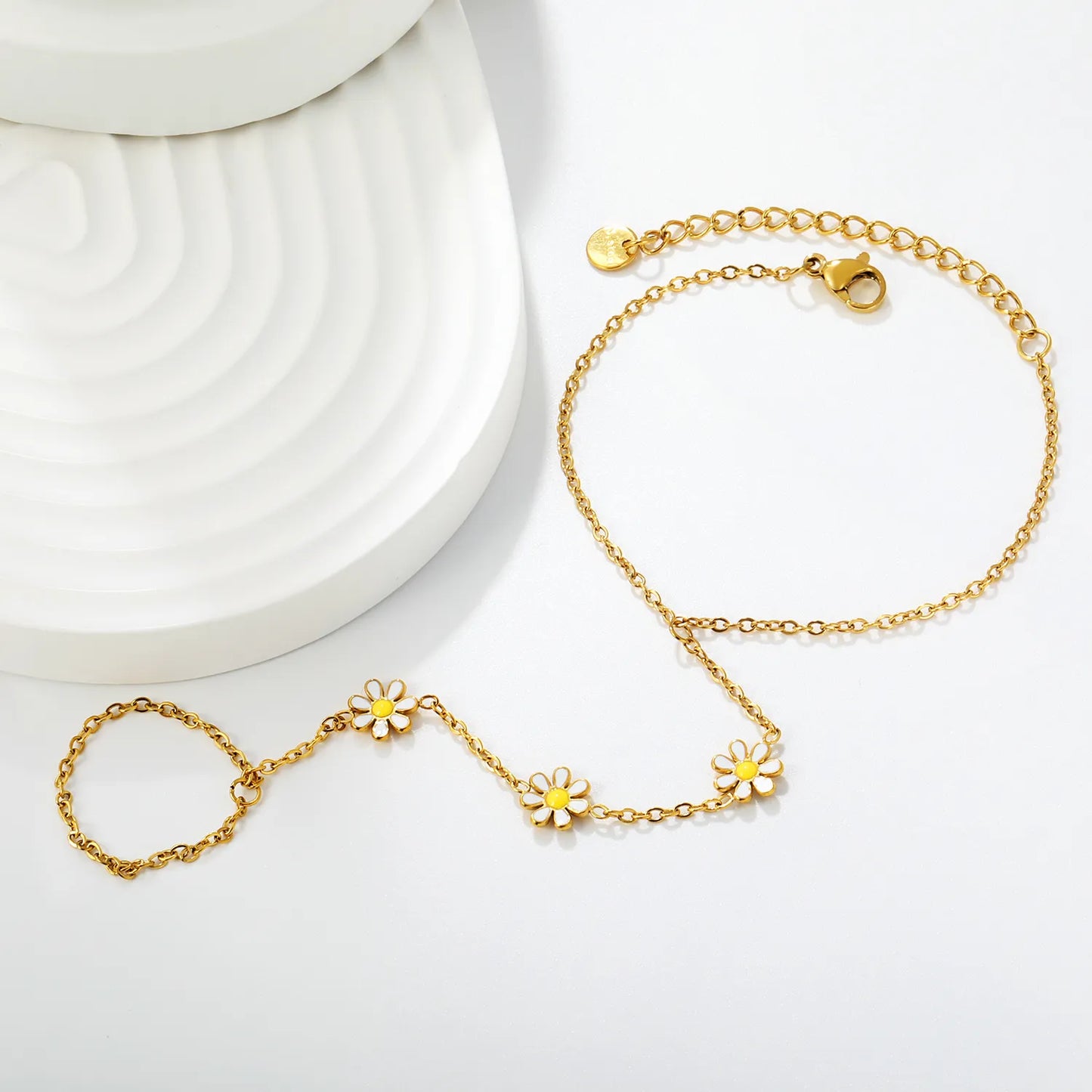 Daisy Enamel Hand Chain Harness | Bulk Order MOQ 12 | 18K Gold Plated Stainless Steel