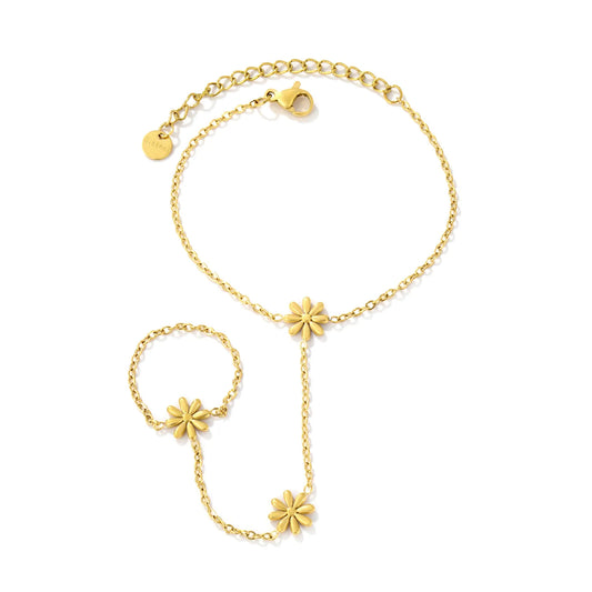 Matte Gold Daisy Hand Chain Harness | 18K Gold Plated Stainless Steel Bracelet‑Ring Combo