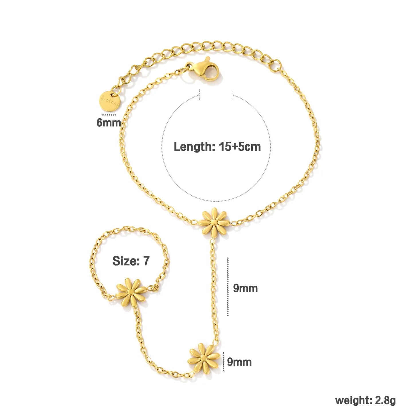 Matte Gold Daisy Hand Chain Harness | 18K Gold Plated Stainless Steel Bracelet‑Ring Combo
