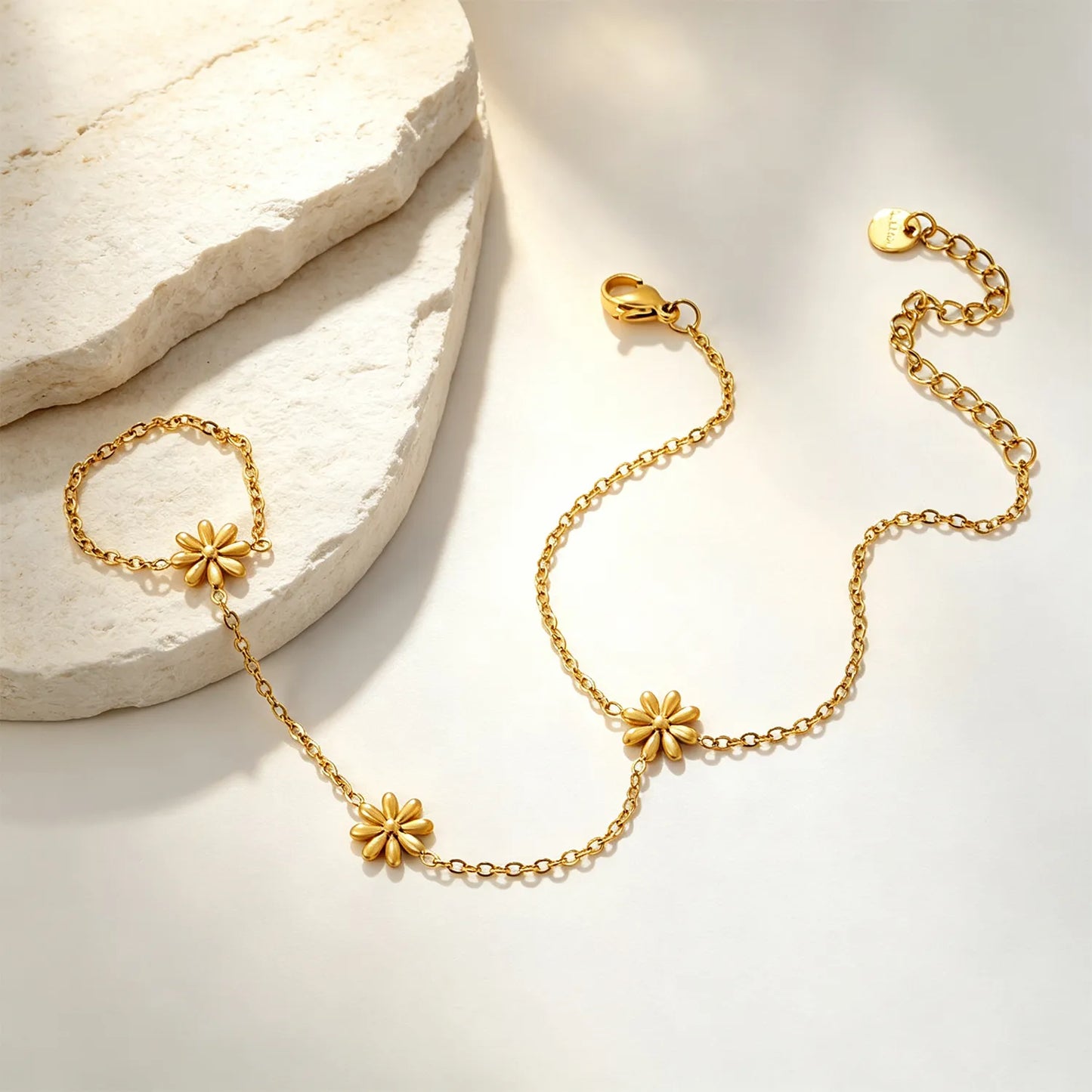 Matte Gold Daisy Hand Chain Harness | 18K Gold Plated Stainless Steel Bracelet‑Ring Combo