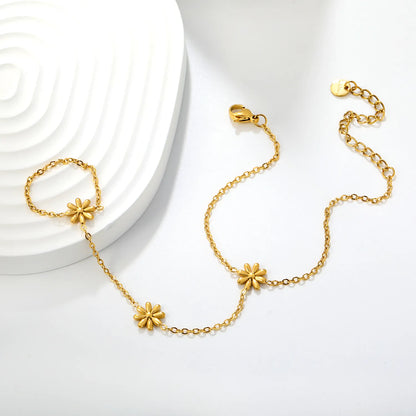 Matte Gold Daisy Hand Chain Harness | 18K Gold Plated Stainless Steel Bracelet‑Ring Combo