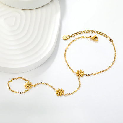 Matte Gold Daisy Hand Chain Harness | 18K Gold Plated Stainless Steel Bracelet‑Ring Combo