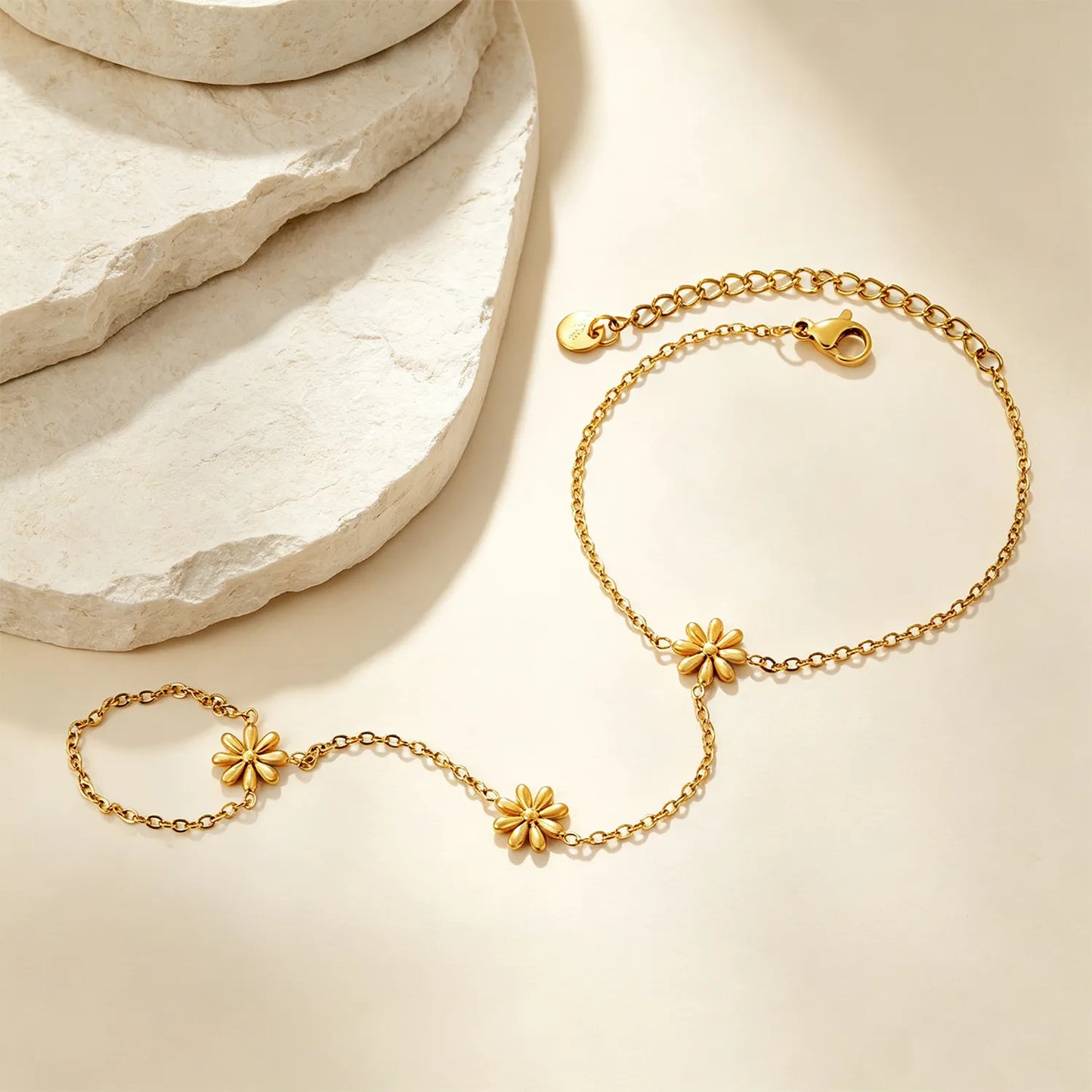Matte Gold Daisy Hand Chain Harness | 18K Gold Plated Stainless Steel Bracelet‑Ring Combo