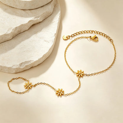 Matte Gold Daisy Hand Chain Harness | 18K Gold Plated Stainless Steel Bracelet‑Ring Combo
