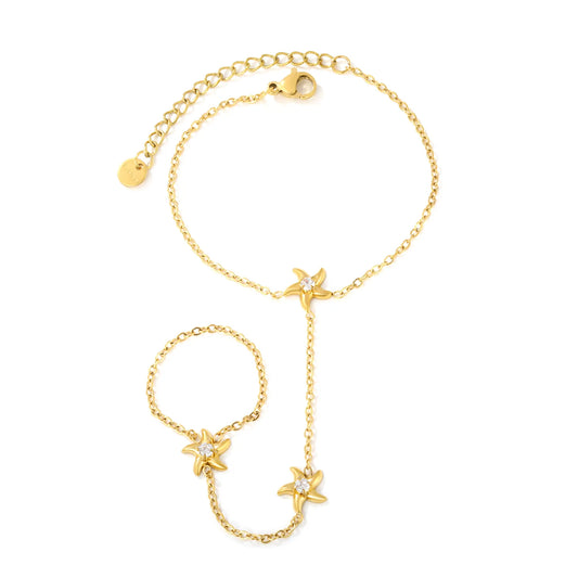 18K Gold Plated Starfish Crystal Hand Chain Harness | Bracelet‑Ring Set for Bulk Order
