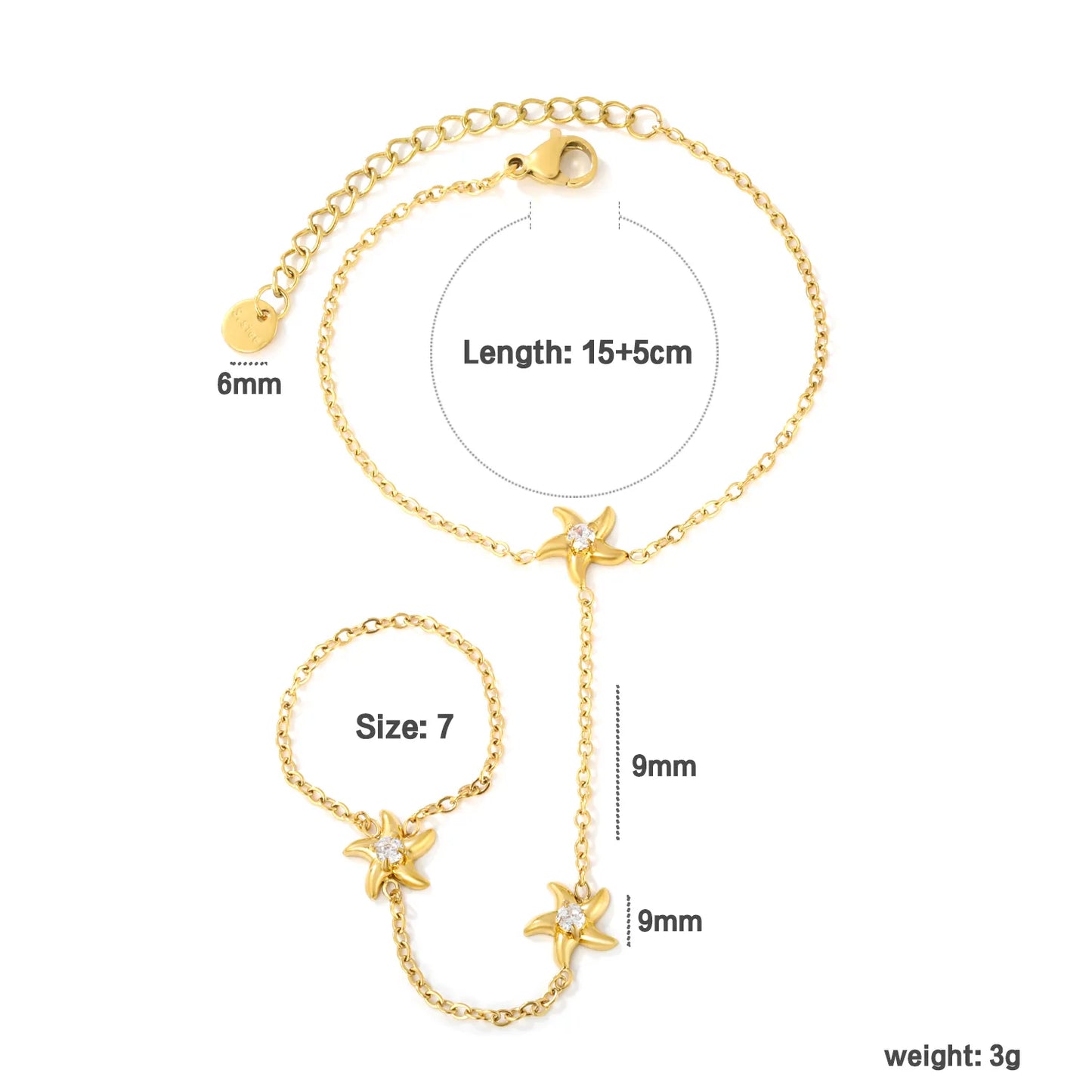 18K Gold Plated Starfish Crystal Hand Chain Harness | Bracelet‑Ring Set for Bulk Order