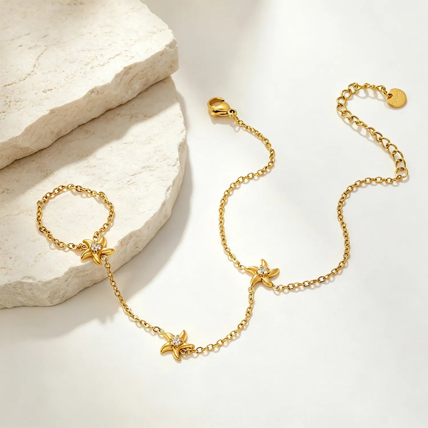 18K Gold Plated Starfish Crystal Hand Chain Harness | Bracelet‑Ring Set for Bulk Order