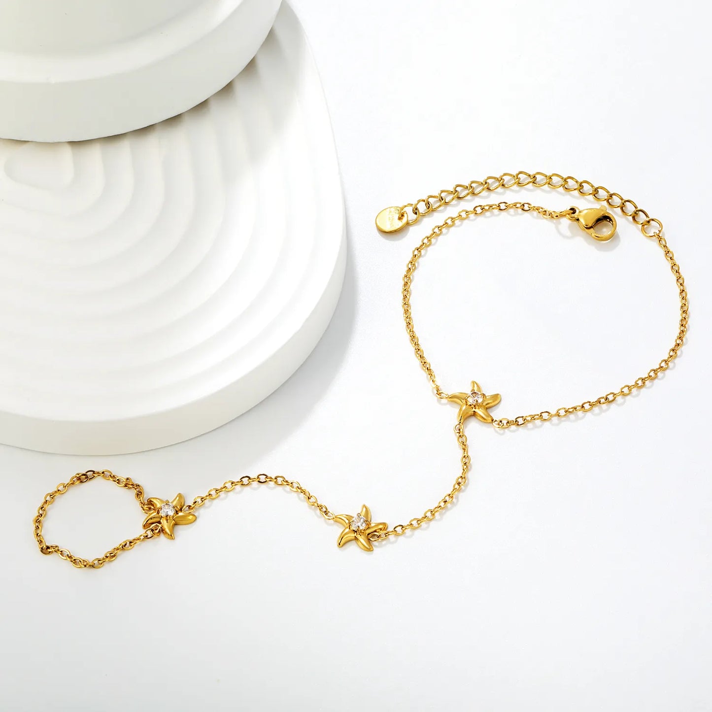 18K Gold Plated Starfish Crystal Hand Chain Harness | Bracelet‑Ring Set for Bulk Order