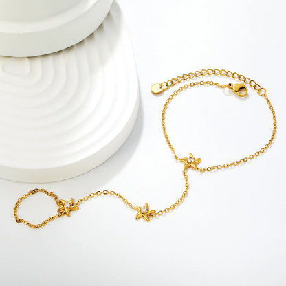 18K Gold Plated Starfish Crystal Hand Chain Harness | Bracelet‑Ring Set for Bulk Order