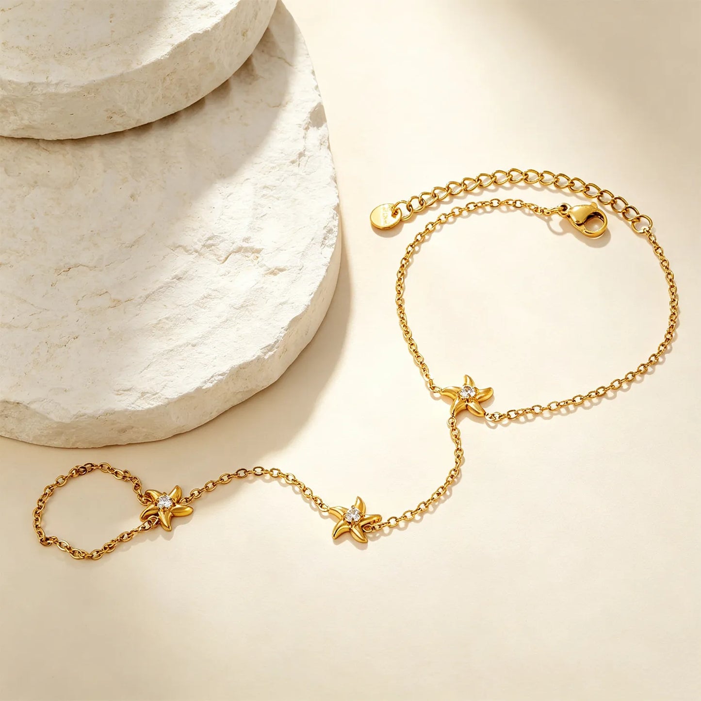 18K Gold Plated Starfish Crystal Hand Chain Harness | Bracelet‑Ring Set for Bulk Order