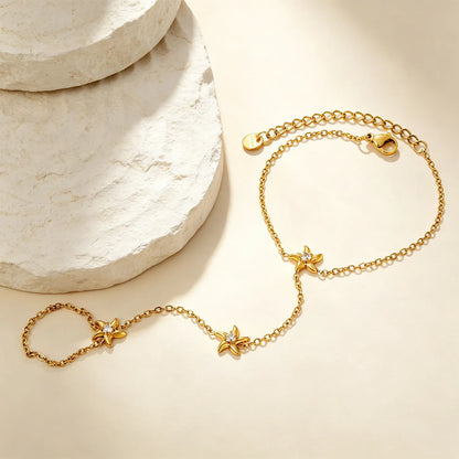 18K Gold Plated Starfish Crystal Hand Chain Harness | Bracelet‑Ring Set for Bulk Order