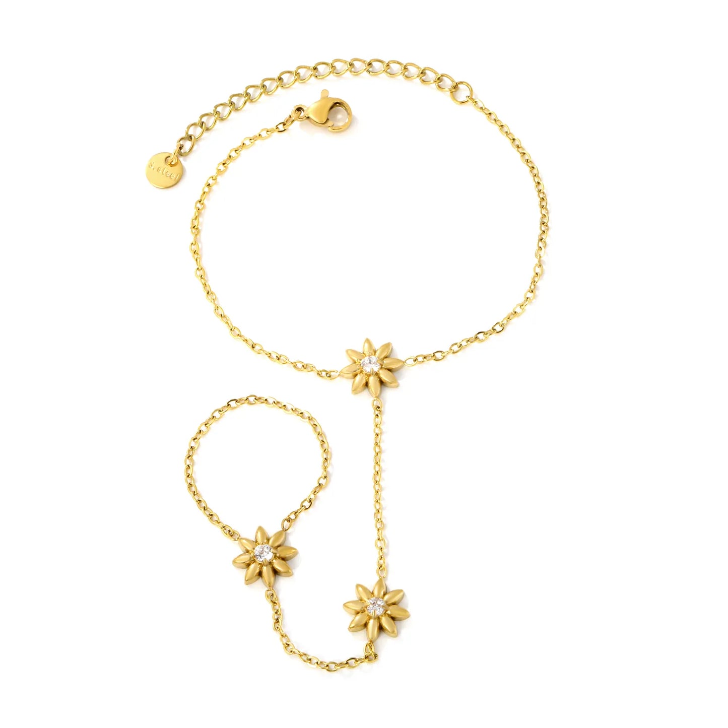 Crystal‑Center Flower Hand Chain Set | Wholesale 18K Gold Plated Stainless Steel MOQ 12