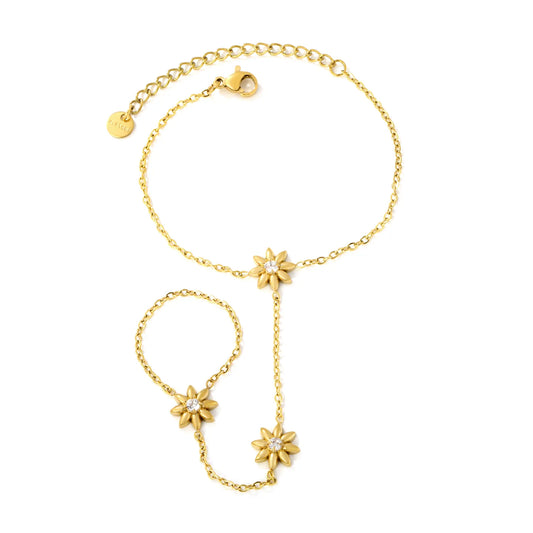 Crystal‑Center Flower Hand Chain Set | Wholesale 18K Gold Plated Stainless Steel MOQ 12