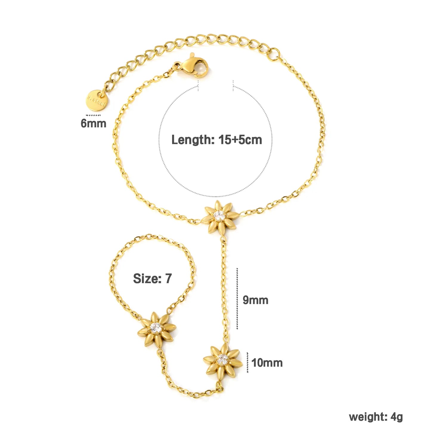 Crystal‑Center Flower Hand Chain Set | Wholesale 18K Gold Plated Stainless Steel MOQ 12