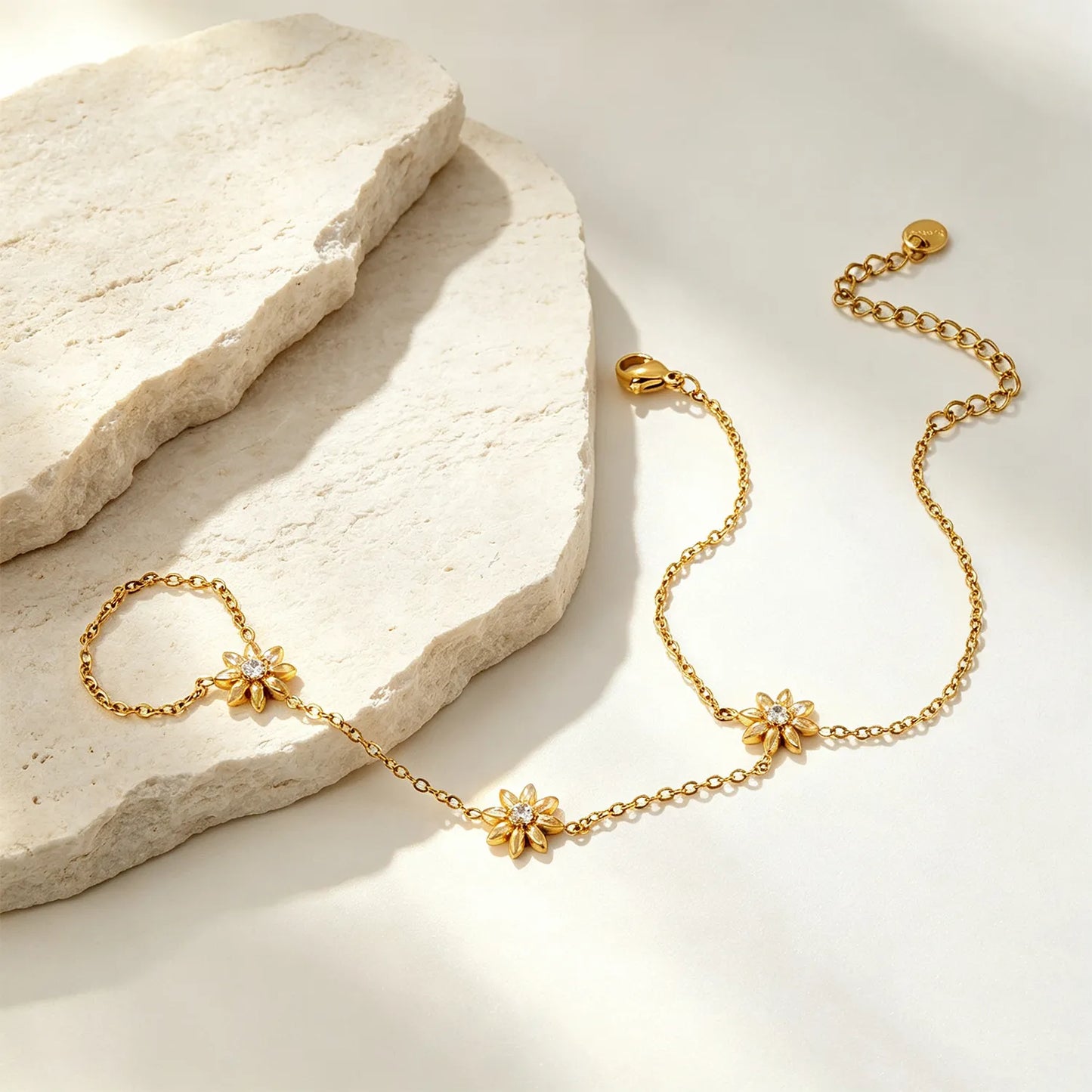 Crystal‑Center Flower Hand Chain Set | Wholesale 18K Gold Plated Stainless Steel MOQ 12