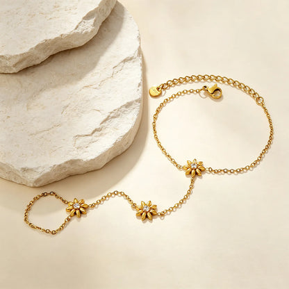 Crystal‑Center Flower Hand Chain Set | Wholesale 18K Gold Plated Stainless Steel MOQ 12
