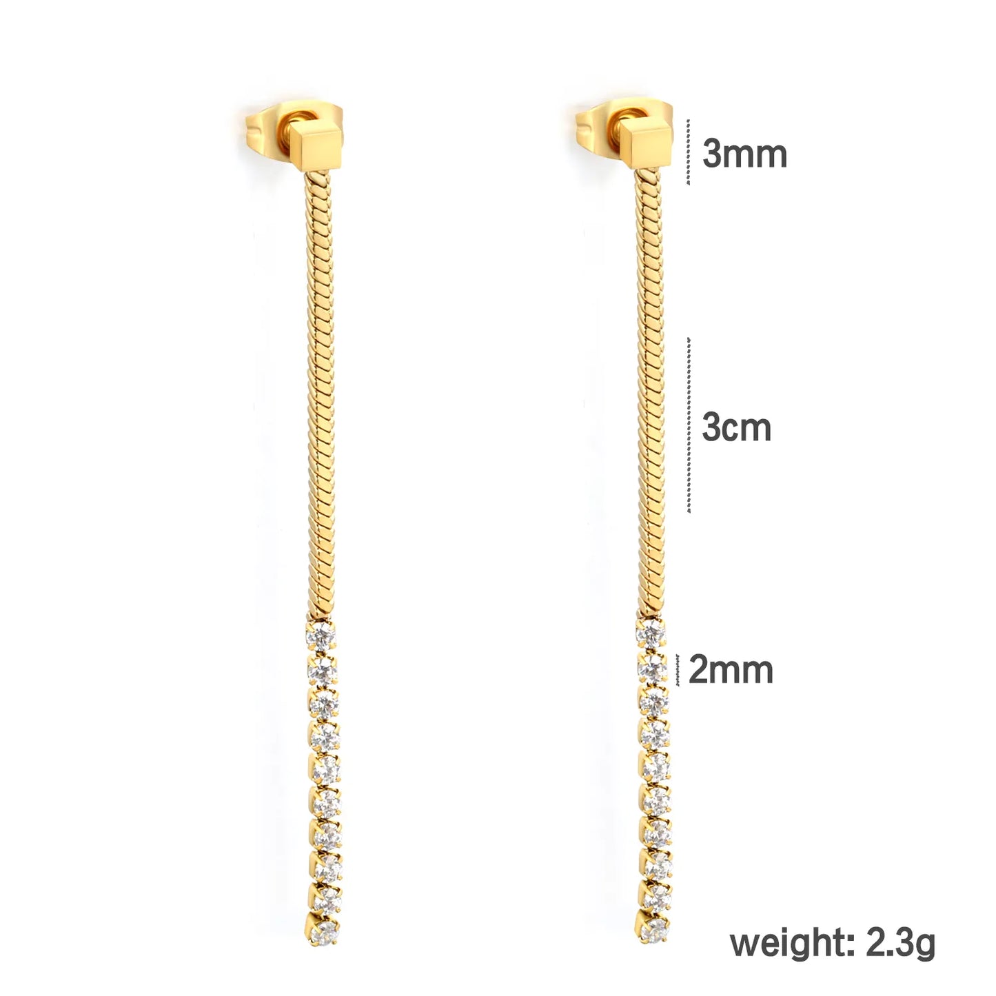 Snake Chain CZ Linear Drop Long Dangle Earrings | 18K Gold Plated Stainless Steel for Wholesale