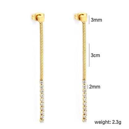 Snake Chain CZ Linear Drop Long Dangle Earrings | 18K Gold Plated Stainless Steel for Wholesale