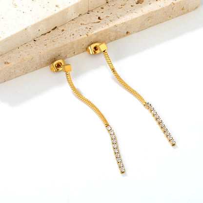 Snake Chain CZ Linear Drop Long Dangle Earrings | 18K Gold Plated Stainless Steel for Wholesale