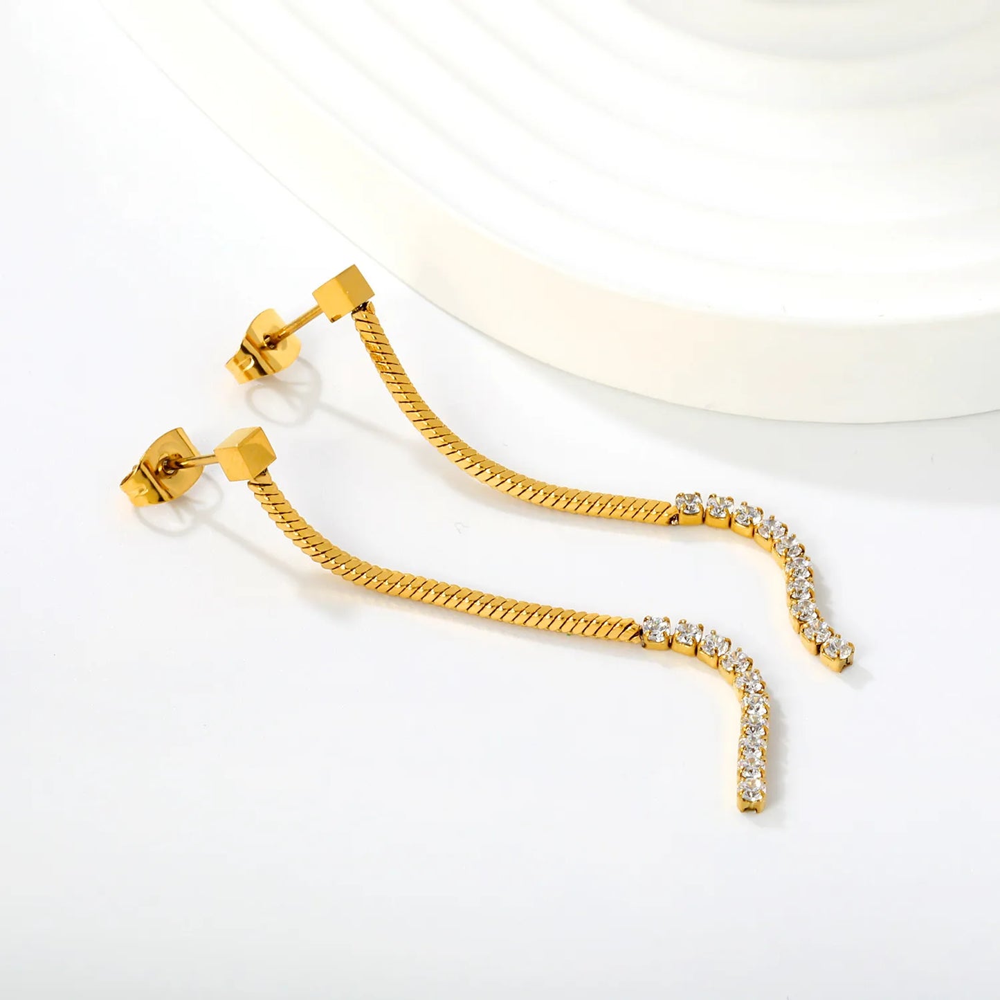 Snake Chain CZ Linear Drop Long Dangle Earrings | 18K Gold Plated Stainless Steel for Wholesale