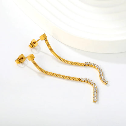 Snake Chain CZ Linear Drop Long Dangle Earrings | 18K Gold Plated Stainless Steel for Wholesale