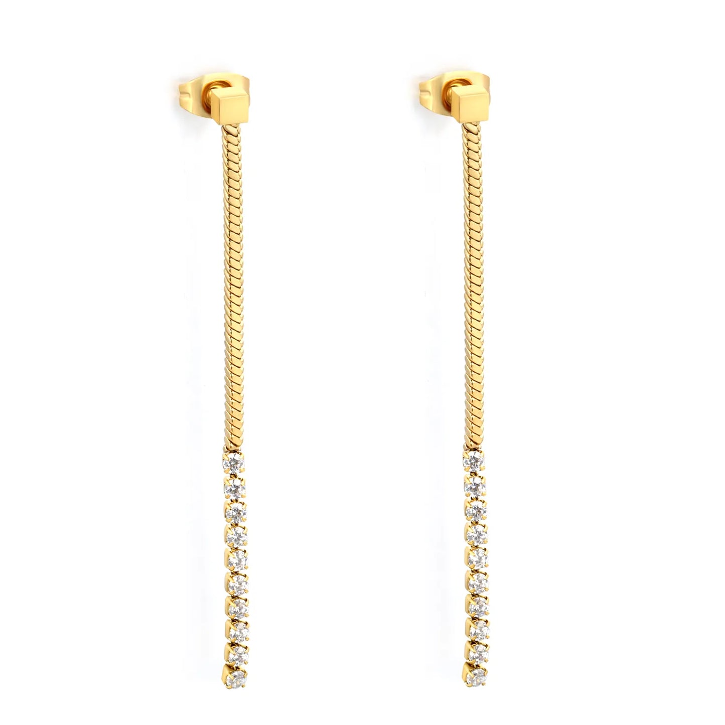 Snake Chain CZ Linear Drop Long Dangle Earrings | 18K Gold Plated Stainless Steel for Wholesale
