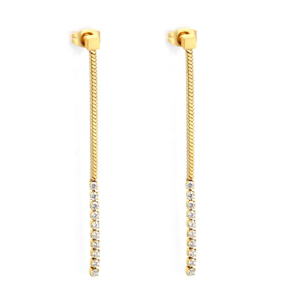 Snake Chain CZ Linear Drop Long Dangle Earrings | 18K Gold Plated Stainless Steel for Wholesale