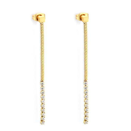 Snake Chain CZ Linear Drop Long Dangle Earrings | 18K Gold Plated Stainless Steel for Wholesale