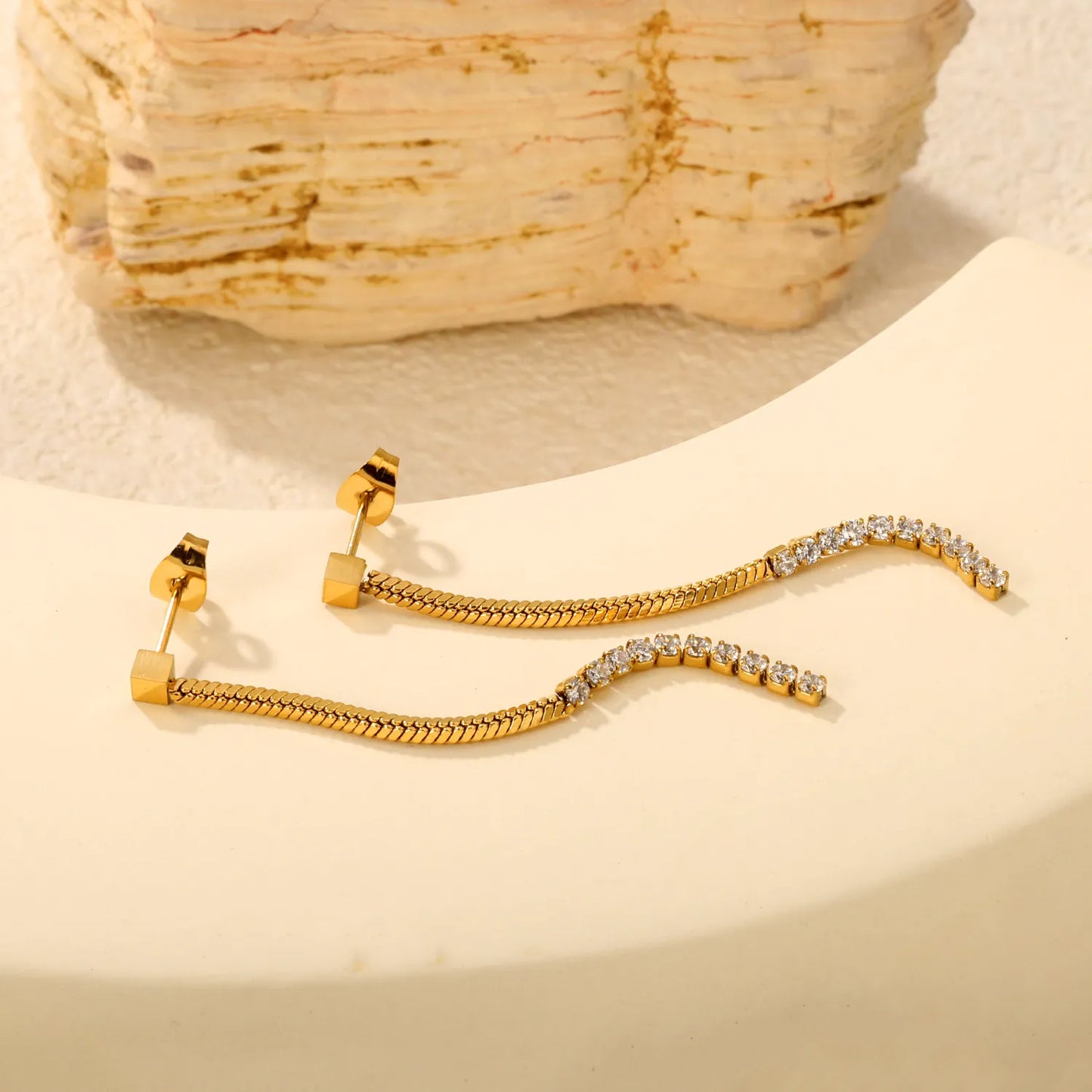 Snake Chain CZ Linear Drop Long Dangle Earrings | 18K Gold Plated Stainless Steel for Wholesale