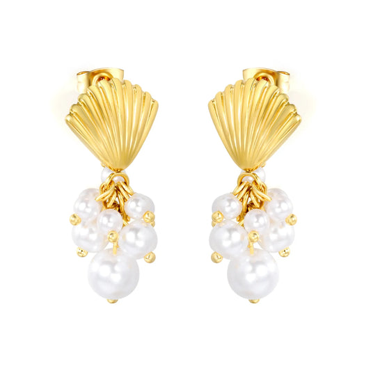 Scallop Shell Pearl Cluster Drop Earrings | Coastal Bridal Jewelry for Wholesale