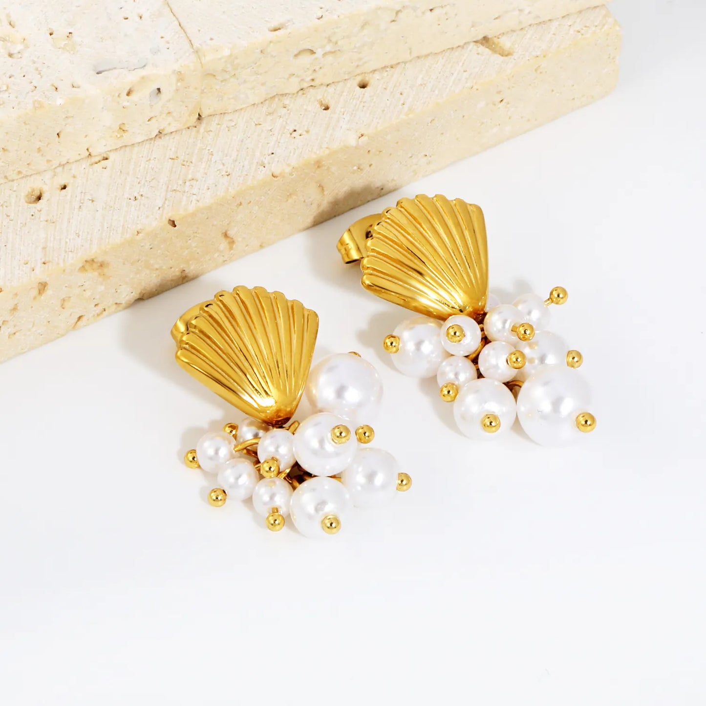 Scallop Shell Pearl Cluster Drop Earrings | Coastal Bridal Jewelry for Wholesale