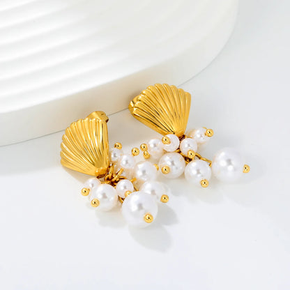 Scallop Shell Pearl Cluster Drop Earrings | Coastal Bridal Jewelry for Wholesale