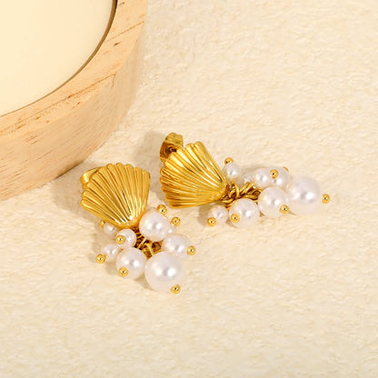 Scallop Shell Pearl Cluster Drop Earrings | Coastal Bridal Jewelry for Wholesale