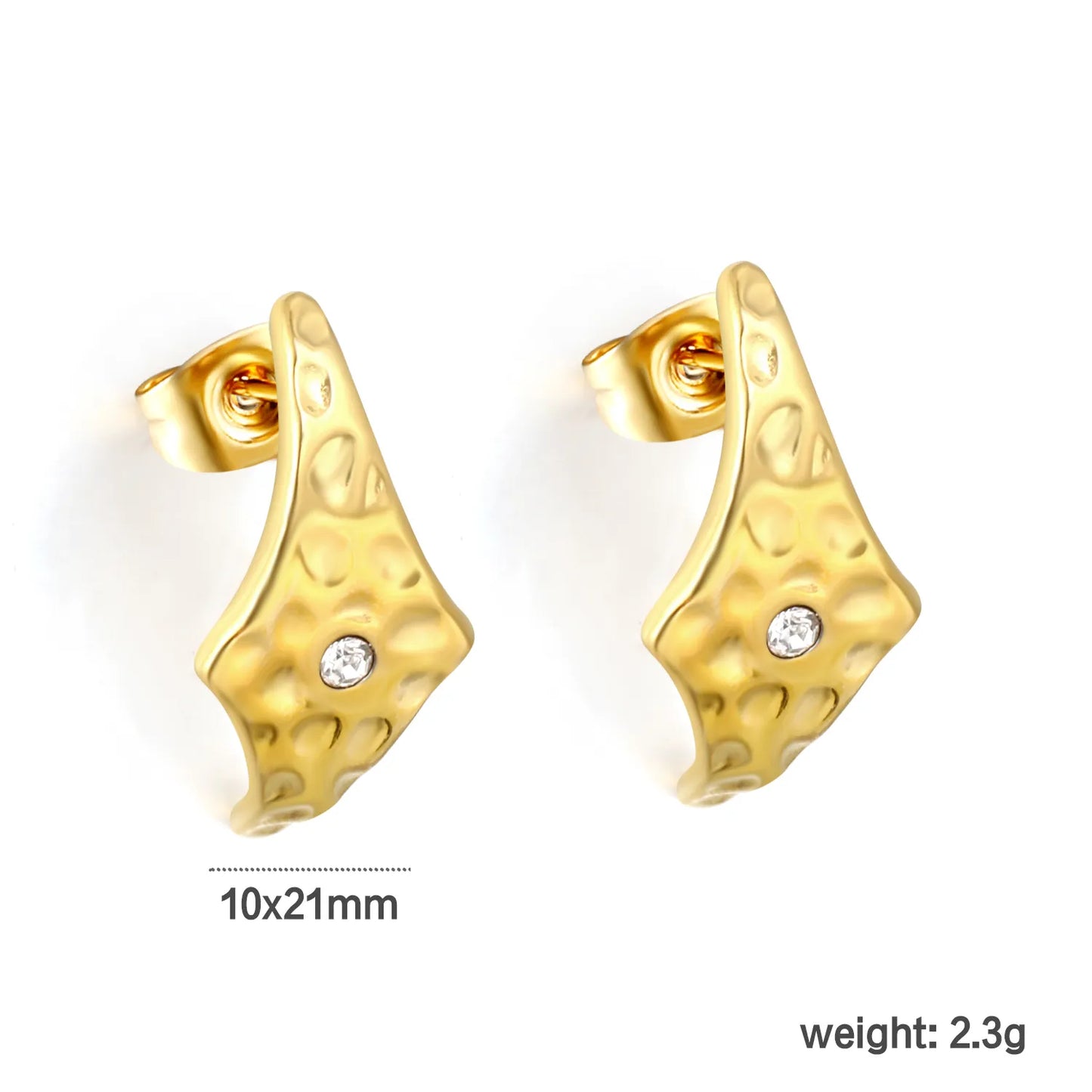 Modern Hammered Curved CZ Stud Earrings | 18K Gold Plated Stainless Steel | Textured Fashion Earrings Wholesale