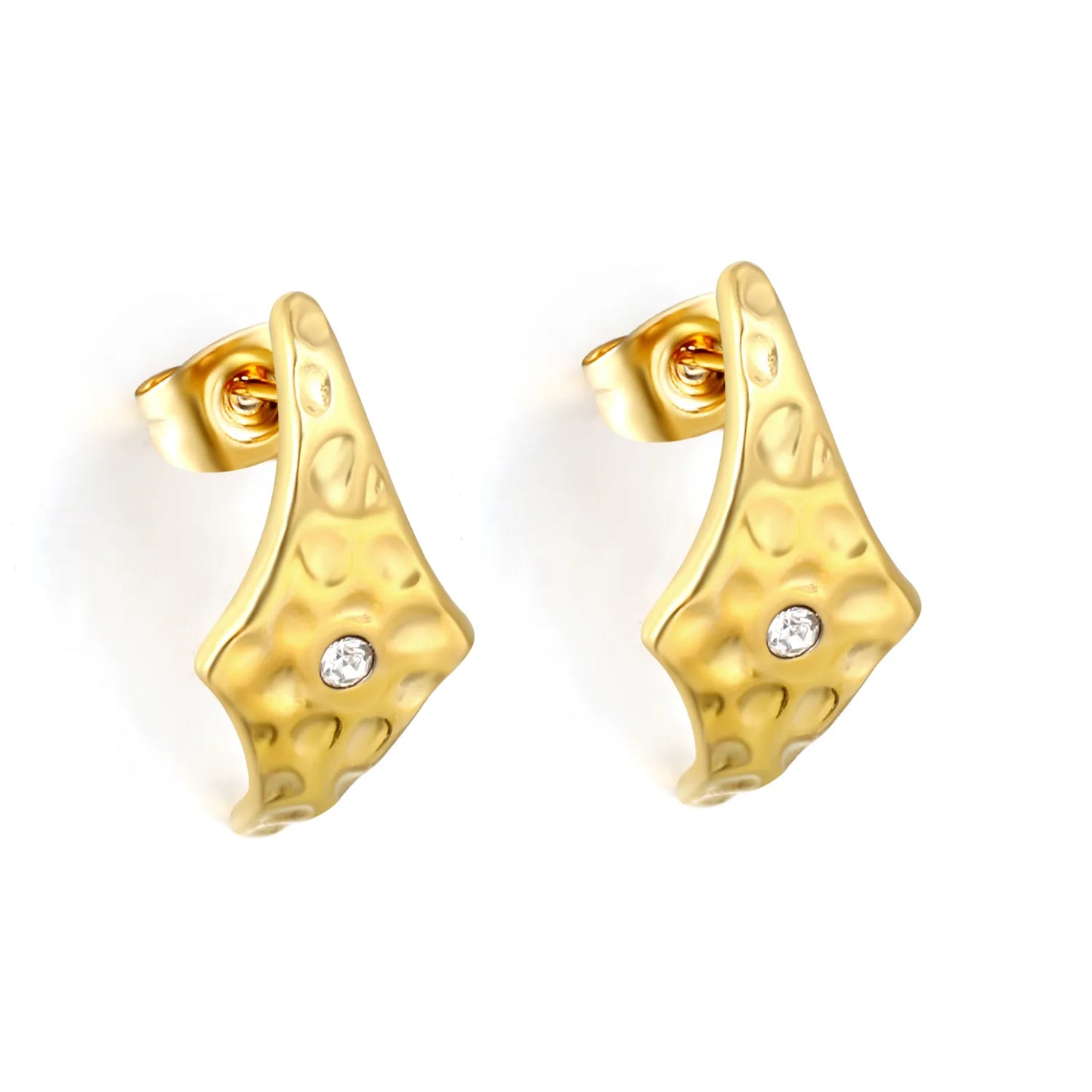 Modern Hammered Curved CZ Stud Earrings | 18K Gold Plated Stainless Steel | Textured Fashion Earrings Wholesale
