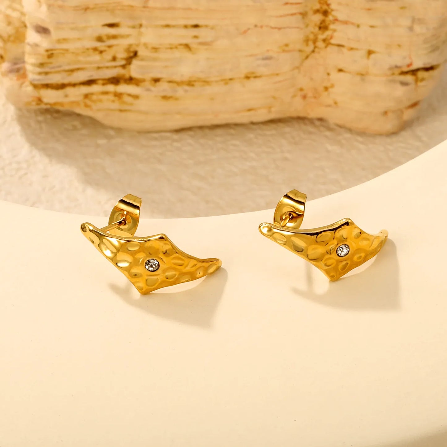 Modern Hammered Curved CZ Stud Earrings | 18K Gold Plated Stainless Steel | Textured Fashion Earrings Wholesale