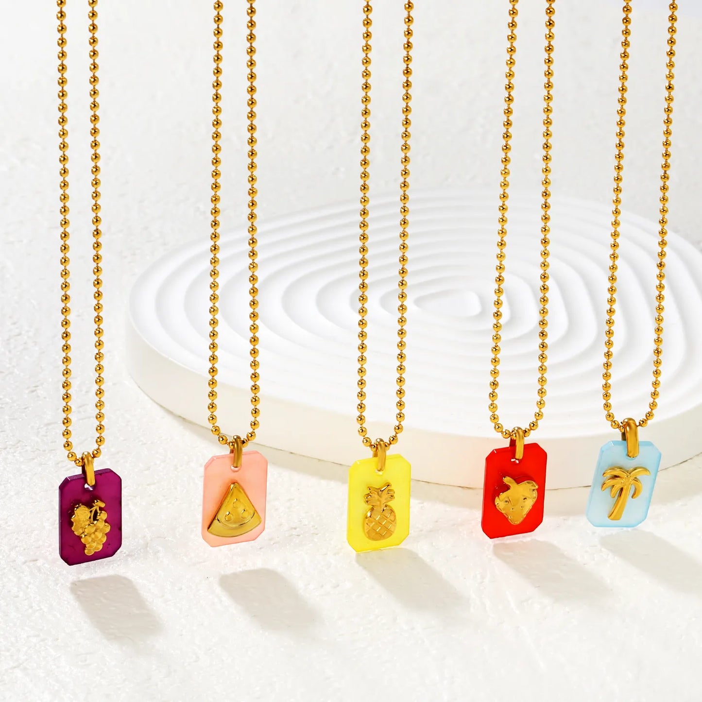 18K Gold Plated Strawberry/Pineapple/Grape/Watermelon/Palm Acrylic Pendant Necklace | Wholesale Bulk Order | MOQ 12 | 40+5cm Adjustable Jewelry