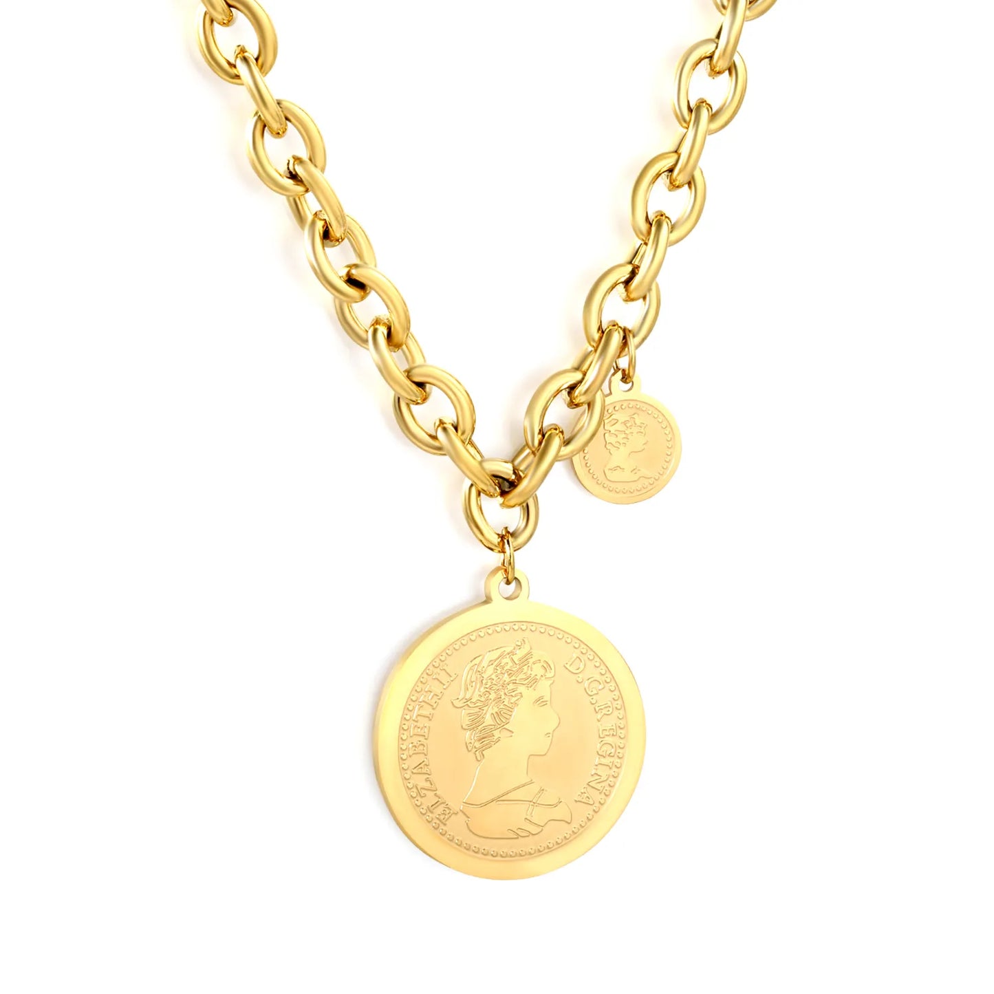 18K Gold Plated Double Coin Pendant Chunky Chain Necklace | MOQ 12 | Wholesale Bulk Order | N:40+5cm Adjustable Jewelry