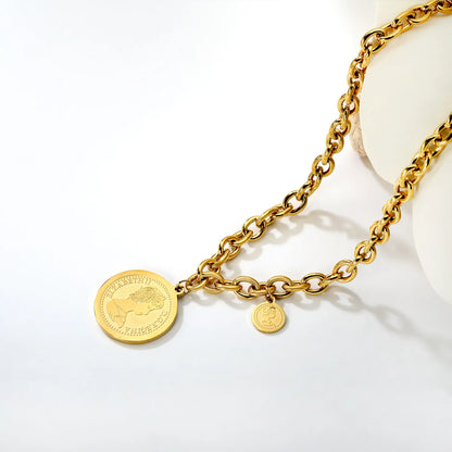 18K Gold Plated Double Coin Pendant Chunky Chain Necklace | MOQ 12 | Wholesale Bulk Order | N:40+5cm Adjustable Jewelry