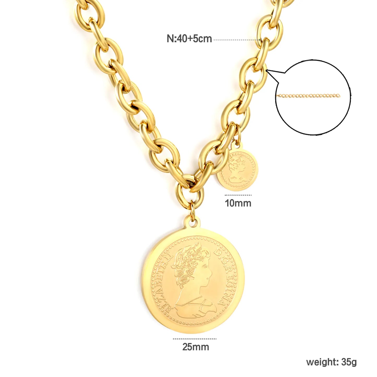 18K Gold Plated Double Coin Pendant Chunky Chain Necklace | MOQ 12 | Wholesale Bulk Order | N:40+5cm Adjustable Jewelry