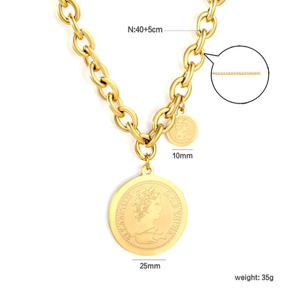 18K Gold Plated Double Coin Pendant Chunky Chain Necklace | MOQ 12 | Wholesale Bulk Order | N:40+5cm Adjustable Jewelry