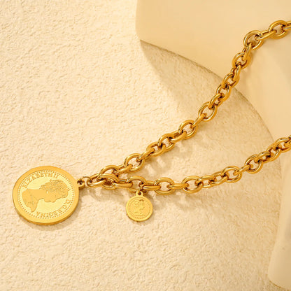 18K Gold Plated Double Coin Pendant Chunky Chain Necklace | MOQ 12 | Wholesale Bulk Order | N:40+5cm Adjustable Jewelry