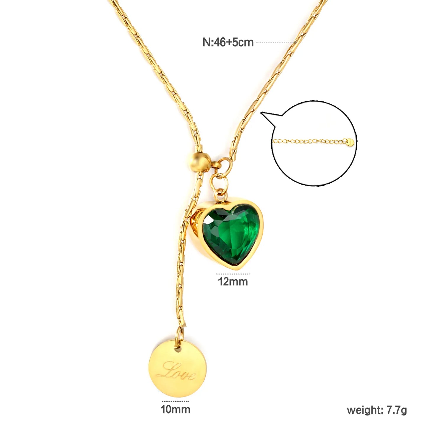 Wholesale 18K Gold Plated Emerald Heart Necklace | 46+5 cm | Bulk Order MOQ 12 | Adjustable Romantic Jewelry